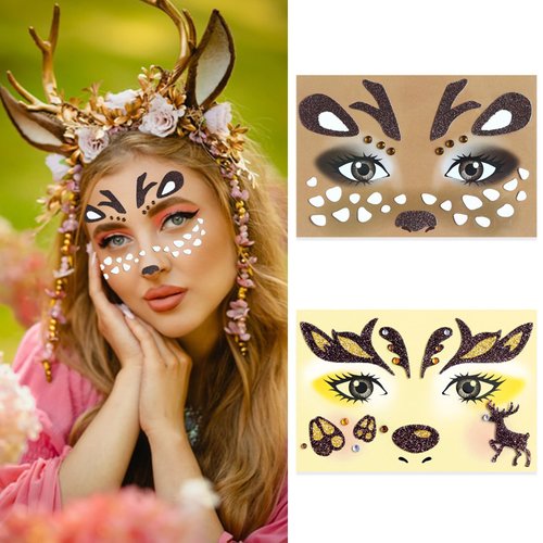 2 Pcs Christmas Reindeer Glitter Face Stickers Glitter Elk Face Jewels Temporary Tattoos Cute Animal Deer Art Decals for Makeup Halloween Birthday Carnival Party Decoration Supplies
