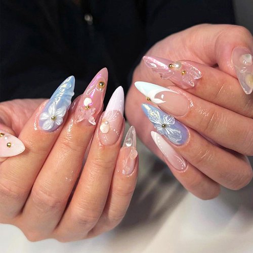 24Pcs 3D Flower Press on Nails for Art with French Tips Design, Glossy Gold Pearls Medium Almond Acrylic False Nails Gel Glue on Nails 3D Butterfly Full Cover Fake Nails Stick on Nails for Women Girls