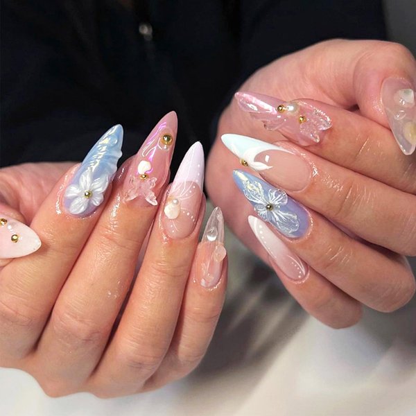 24Pcs 3D Flower Press on Nails for Art with French Tips Design, Glossy Gold Pearls Medium Almond Acrylic False Nails Gel Glue on Nails 3D Butterfly Full Cover Fake Nails Stick on Nails for Women Girls
