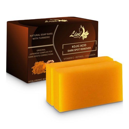 Live Healthy Kojic Acid Soap Bar - Turmeric Soap for Dark Spots, Acne Scars & Hyperpigmentation - Natural Ingredients with Vitamin C, E, Retinol Collagen, Hyaluronic Acid - Moisturizing - Pack of 2