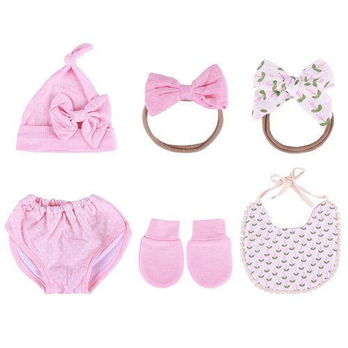 6 PCS Reborn Baby Doll Clothes Set with Hat, Bib, Diaper, Handbands and Gloves, Pink & Floral Pattern