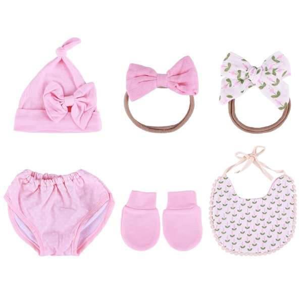 6 PCS Reborn Baby Doll Clothes Set with Hat, Bib, Diaper, Handbands and Gloves, Pink & Floral Pattern