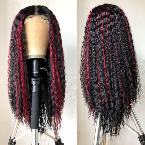 RunM Curly Lace Front Wigs for Black Women, HD Glueless 13X4X1 Long Curly Lace Front Wig with Baby Hair Synthetic Lace Front Wigs 26 Inch(Black mix Red)