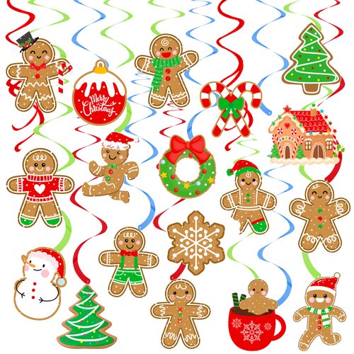 Gingerbread Party Hanging Swirls Christmas Gingerbread Man Party Decorations 20PCS Gingerbread Ceiling Swilrs Christmas Tree Hanging Cutout Streamers for Merry Xmas Snowman Party Supplies