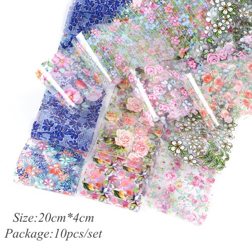 Flowers Nail Foil Transfer Stickers Colorful Floral Nail Foil Decals Designs Supplies Acrylic Nail Art Sticker for Women Girls Manicure Tips Decorations Set Bright Colors Nail Art Film (10 Sheets）