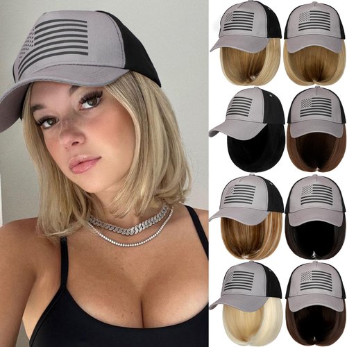 Qlenkay American Flag Hat Wig USA Flag Adjustable Baseball Cap Attached with 14" Hair Extensions Straight Bob Synthetic Hairpiece for Women Dark Brown