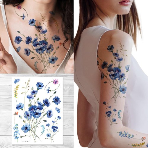 Supperb Temporary Tattoos - Watercolor style Handrawn Blue painted flowers floral Daisy Chrysanthemum wildflowers branches leaf Tattoo
