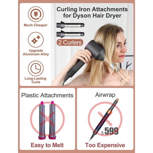 Automatic Curling Wands Attachments with 2 Curlers for Dyson Supersonic Hair Dryer Airwrap, Long Hair Waver Styling Iron Tool Blow Dryer Accessories for Women