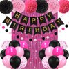 Hot Pink and Black Happy Birthday Party Decorations for Girls Women, Pink Décor Supplies with Banner, Pom Poms, Foil Curtain for Her 13th 16th 18th 20th 21st 25th 30th 40th 50th 60th Birthday Party