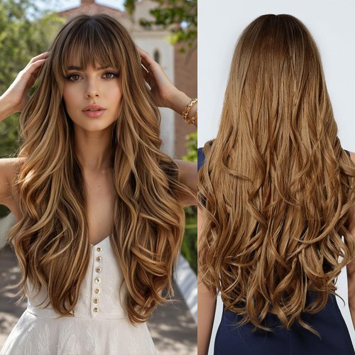 testar Blonde Wig for White Women Long Brown Mixed Blonde Wig With Bangs Body Wave Wig Heat Resistant Synthetic Wigs for Daily Party Wear 24 IN