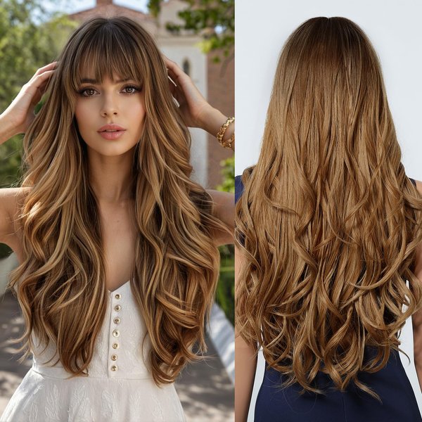 testar Blonde Wig for White Women Long Brown Mixed Blonde Wig With Bangs Body Wave Wig Heat Resistant Synthetic Wigs for Daily Party Wear 24 IN