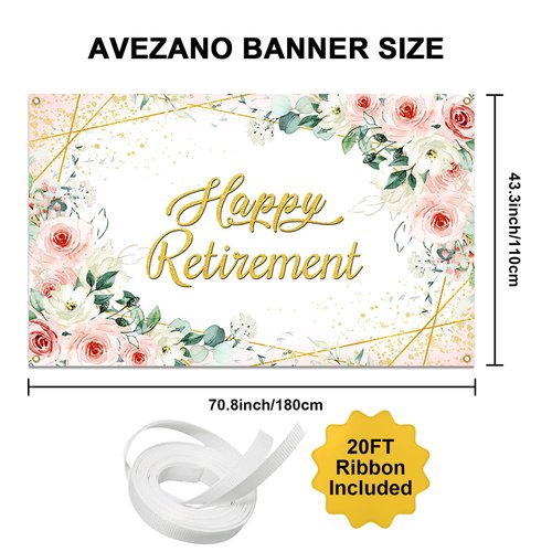 Avezano Happy Retirement Backdrop for Women Rose Pink Floral Gold Dots Retirement Party Banner Lady's Retirement Party Decorations The Aged Women Retirement Party Supplies 70.8 x 43.3 Inch