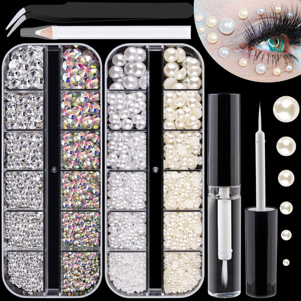 Flat Back Rhinestones&Pearls Kits Round Glass Crystal AB&Transparent White Gems+White&Beige Pearls with Quick Dry Makeup Glue+Picker Pencil+Tweezer for Nail Art and Face Eye Body Make-up