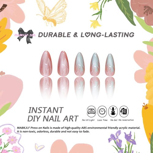 Press on Nails Medium Almond MABKJLF French Fake Nails Full Cover Gradient Cat Eye False Nails with Designs Pink Green Glossy Glue on Nails Acrylic Nails Artificial Nails for Women Girls 24Pcs