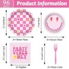 Justforjoyful 96Pcs Preppy Party Supplies Pink Smile Face Paper Plates Napkins Preppy Smile Face Party Tableware Set Preppy Smile Face Dinnerware for Birthday Party Baby Shower Decoration Serve 24