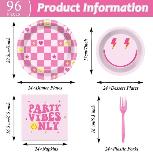 Justforjoyful 96Pcs Preppy Party Supplies Pink Smile Face Paper Plates Napkins Preppy Smile Face Party Tableware Set Preppy Smile Face Dinnerware for Birthday Party Baby Shower Decoration Serve 24