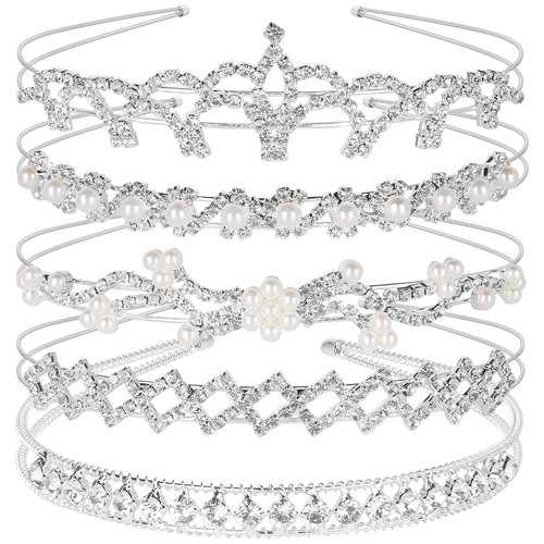 Teenitor 5Pcs Crystal Headband Set, Jewelry Rhinestone Women Girl Hair Style Accessories Wedding Party Tiara Headdress- Silver Tiara for Little Girls