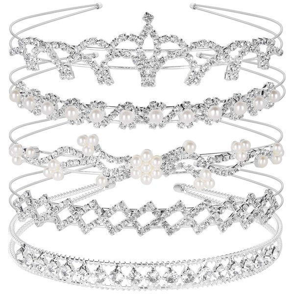 Teenitor 5Pcs Crystal Headband Set, Jewelry Rhinestone Women Girl Hair Style Accessories Wedding Party Tiara Headdress- Silver Tiara for Little Girls