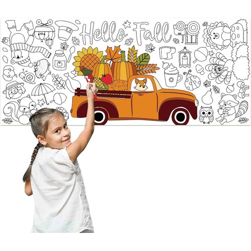 Haooryx Giant Fall Coloring Poster 4.6 x 2ft Jumbo Paper Autumn Coloring Blank Banner DIY Pumpkin Squirrel Sunflower Turkey Coloring Table Cover for Kids Hello Fall Party School Art Crafts Supplies