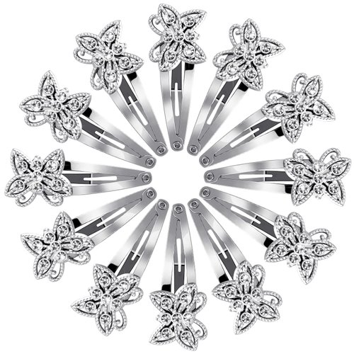 Jexine 12 Pieces Hair Clips, Silver Butterfly Rhinestone Barrettes for Women, Hair Snaps for Girls, Shining Hair Barrette Hairpins Hair Accessories for Wedding