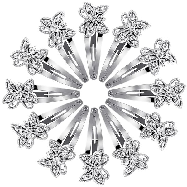 Jexine 12 Pieces Hair Clips, Silver Butterfly Rhinestone Barrettes for Women, Hair Snaps for Girls, Shining Hair Barrette Hairpins Hair Accessories for Wedding