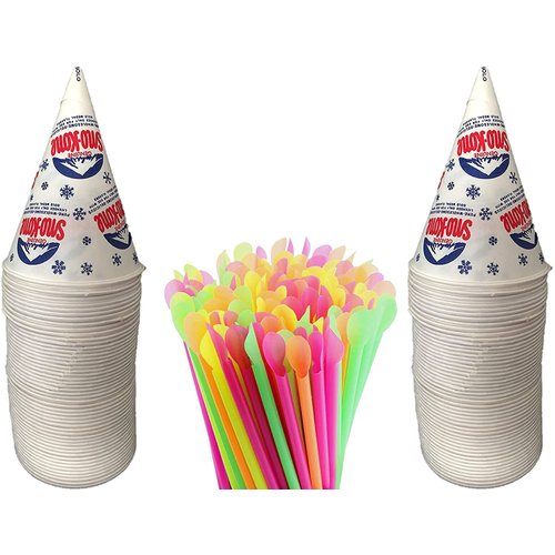 Concession Essentials 100 Count 6oz Snow Cone Cups with 100 8" Neon Spoon Straws. Includes 20 Count Snow Cone Candy Spoons.