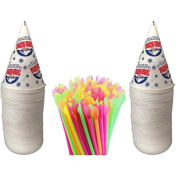Concession Essentials 100 Count 6oz Snow Cone Cups with 100 8" Neon Spoon Straws. Includes 20 Count Snow Cone Candy Spoons.