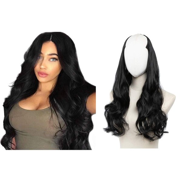 SARLA U Part Hair Extensions Black Clip in Wavy Long Full Head Synthetic Hairpiece 24 Inch for Women