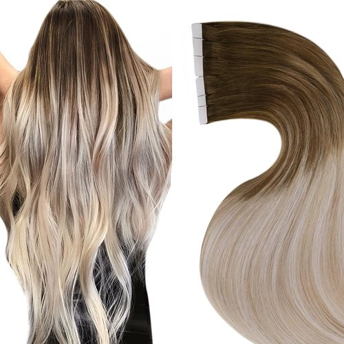 LaaVoo Tape in Hair Extensions Ombre Human Hair Tape in Extensions Balayage Brown to Ash Blonde with Platinum Blonde Tape in Hair Extensions Human Hair Skin Weft 20pcs/50g 14inch
