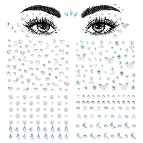 Hulyfw 4 Sheets Face Gems Stickers,Self-Adhesive Face Jewels Diamonds Rhinestones for Makeup Stickers,Face Eyes Nail Pearls Star Rhinestones Temporary Decoration Tattoos Stickers for Women and Girls