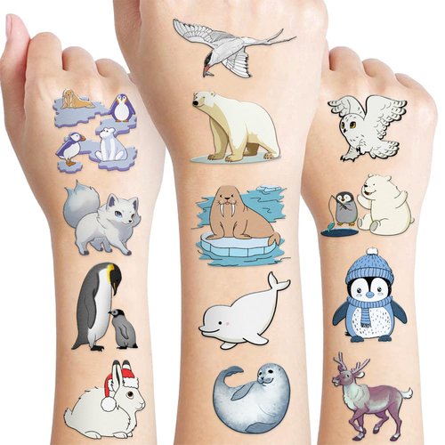 100 PCS Funny Arctic Polar Animal Temporary Tattoos Sticker Birthday Blue Winter Party Decorations Supplies Favors Boys Girl Bear Seal Whale Penguin Owl Cute Fake Tattoo School Reward Themed Christmas