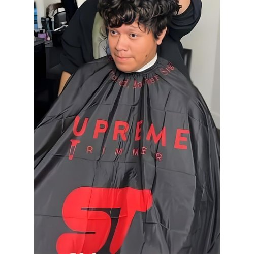 Supreme Trimmer Premium Barber Cape | Professional Hair Style Waterproof Cape; Salon, Barber, or Home Use | Red Logo