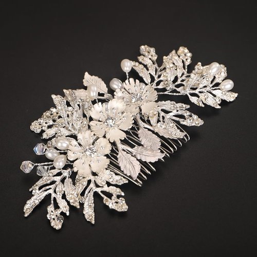 Teyglen Silver Leaf Headpiece Flower Wedding Hair Comb Bridal Rhinestone Pearl Side Comb Handmade Hair Piece Flower Hair Accessories for Women Girls (Silver)