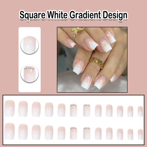 ANDGING French Tip Press on Nails White Square Short Medium Ombre Glue on Nails Acrylic Fake Nails with Gradient Design Manicure False Nails with Glue Gel Women Stick on Nail for Wedding 24Pc ALQ66Q