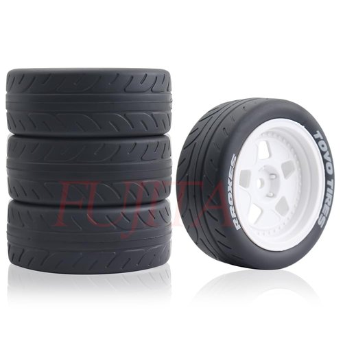 fujita RC 1/10 Wheels and Tires Rubber Tire Set and Hard Plastic Wheels for 1/10 Race RC Drift Car HSP Tamiya HPI Kyosho FAZER MK2 HSP RC 3RACING D5 (White)