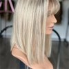 MoCulot Mid-length Layered Topper Wig With Bangs,Ombre Ash Blonde Wigs for Women Light Blonde Straight Wig with Curtain Bangs Shoulder Length Natural Synthetic Wig for Daily Use