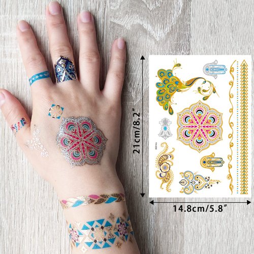 Aresvns Flash Temporary Tattoos for Women and Kids Peacock, 8 Sheets Waterproof Shiny Jewelry Tattoos,Gold Tattoo Metallic Tropical Hawaiian Fake Tattoo Stickers