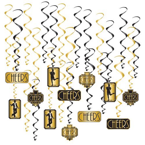 Beistle 24 Piece Roaring 20 Swirls 1920’s Theme Party Decorations Dangling Whirls, 17"-32", Black/Gold