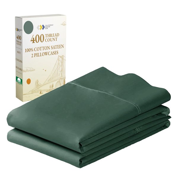 California Design Den Standard Queen Size Pillowcase Set - 400 Thread Count, 100% Cotton Sateen, Set of 2 Pillow Covers, Breathable, Cooling, Soft for Quality Sleep - Hunter Green