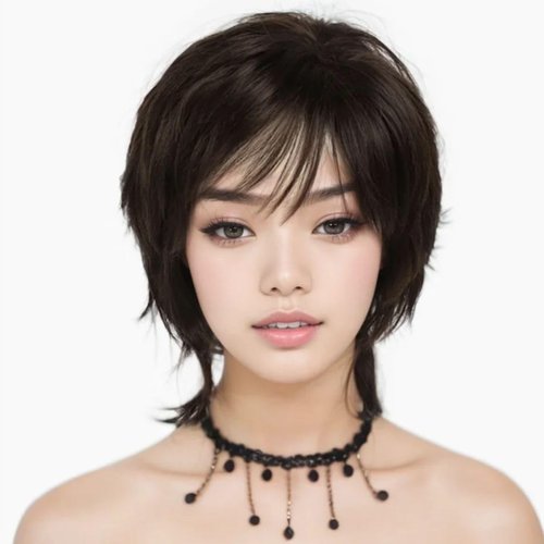 GNIMEGIL Dark Brown Wigs for Women Short Hair Wigs with Bangs Natural Hairstyles Hair Replacement Wigs Female Daily Use or Costume Wigs Old Lady Costume