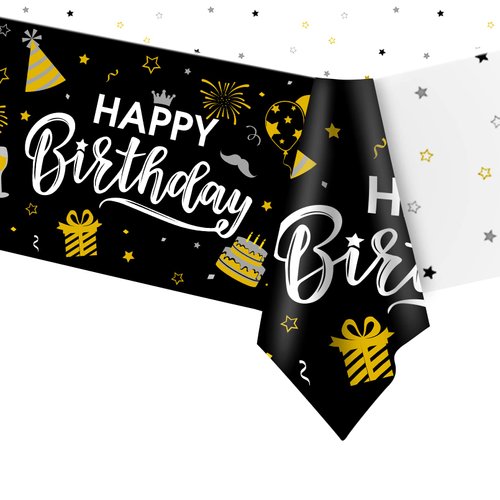 DUAIAI Happy Birthday Decorations, 1 Pcs Navy Blue and Silver Birthday Tablecloth for Boys Girls Men Women, Plastic Disposable Rectangle Table Cover for Birthday Party Supplies- 54" x 108"