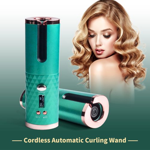 Hair Curler Automatic Cordless Curling Iron Wireless Hair Curler with LCD Temperature Display and Timer, Portable Rechargeable Ceramic Automatic Hair Curler Wand Fast Heating Hair Curler (F)