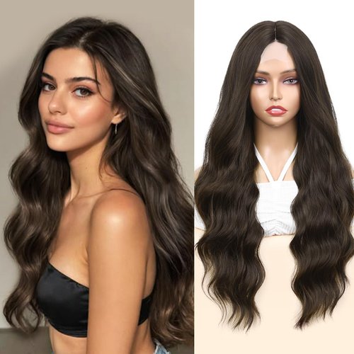 WIGNEE Long Wavy Wig Middle Part Dark Brown Wig 26 Inches Long Brown Wigs For White Women Natural Looking Brown Hair Wig Long Wigs For Women Daily Party Use(Dark Brown)