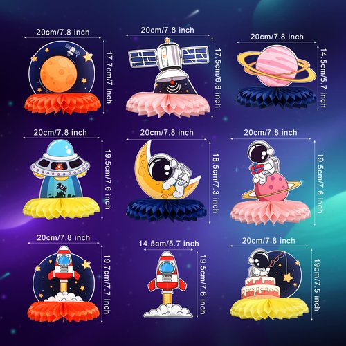 Fontien 9 pcs Space Theme Party Honeycomb Centerpieces, Space Astronaut Honeycomb Centerpieces Outer Space Party Decorations,Birthday Party Table Toppers，Rocket Astronaut Solar System Party Supplies
