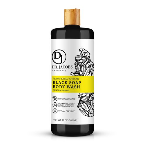 Dr Jacobs Naturals Authentic African Black Liquid Soap with Sensual Monoi Scent | All-In-One Face Wash, Sensitive Skin Body Wash, Shampoo, Shaving Soap | Moisturizing and Nourishing Formula | 32oz 1pk