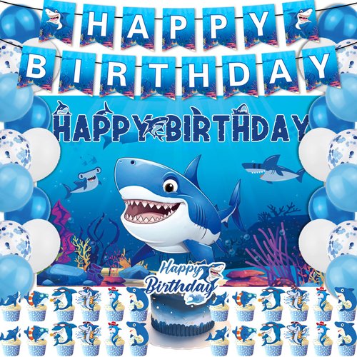 Shark Birthday Party Decorations - 51Pcs Shark Party Supplies Includes Shark Backdrop Shark Banners Shark Cake Inserts and Balloons