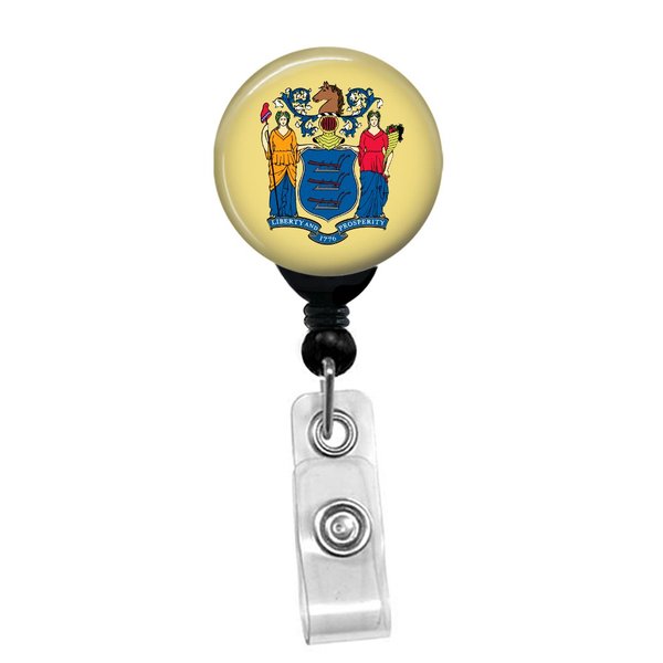 New Jersey State Flag -Retractable Badge Reel - ID Name Tag Custom Badge Holder (Black Badge Reel with Spring Pinch Clip)