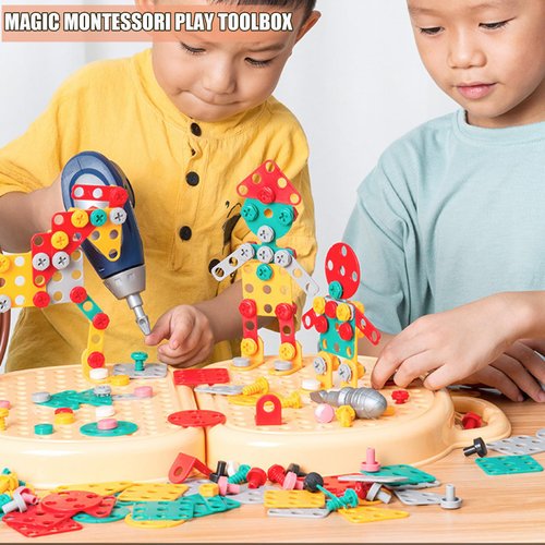 TEZKIM Magic Montessori Play Toolbox with Electric Drill Creativity Tool Box with Drill Kids DIY Creative Educational Construction Engineering Toys for Ages 3-12 Children Birthday (Brown)