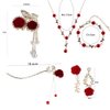 Vctitil Woman Gift Set - Red Rose Pearl Tassel Hair Claw, Flocking Rose Flower Leaves Pearl Hair Stick, Rose Flower Bracelet Choker, Rose Earrings(Red)