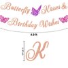 Ushinemi Glitter Butterfly Birthday Decorations Rose Gold Butterfly Kisses and Birthday Wishes Banner for Girl, Butterfly Themed Birthday Party Supplies